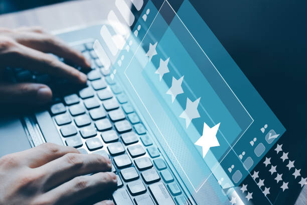 istock User give rating to service experience on online application. 1403071654