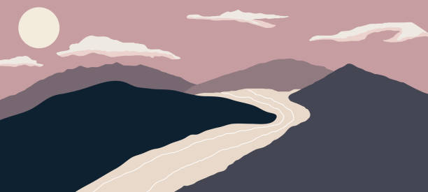 абстрактный современный эстетический ландшафтный фон с горами, солнцем, луной, облачным небом и вектором дизайна морской воды - 7003 stock illustrations