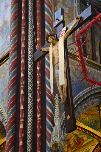 The saint mary basilica in kevelear place of pilgrimage. Church interior with a Crucified Jesus christ.