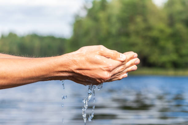 Person taking raw water from a lake by hands stock photo