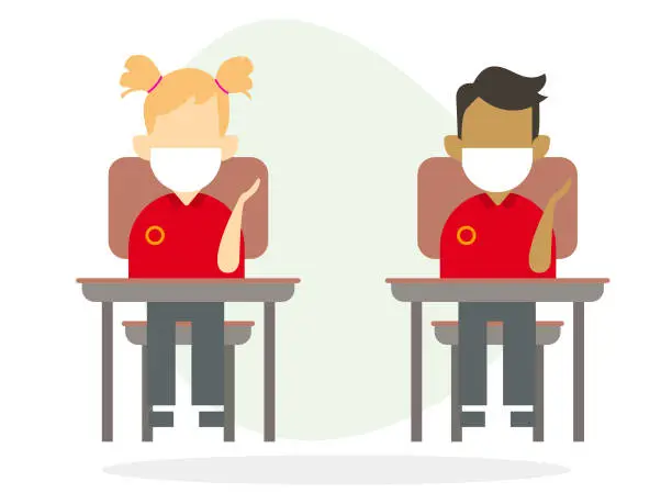 Vector illustration of Safe back to school, two children wearing face masks sitting at a desk taking classes