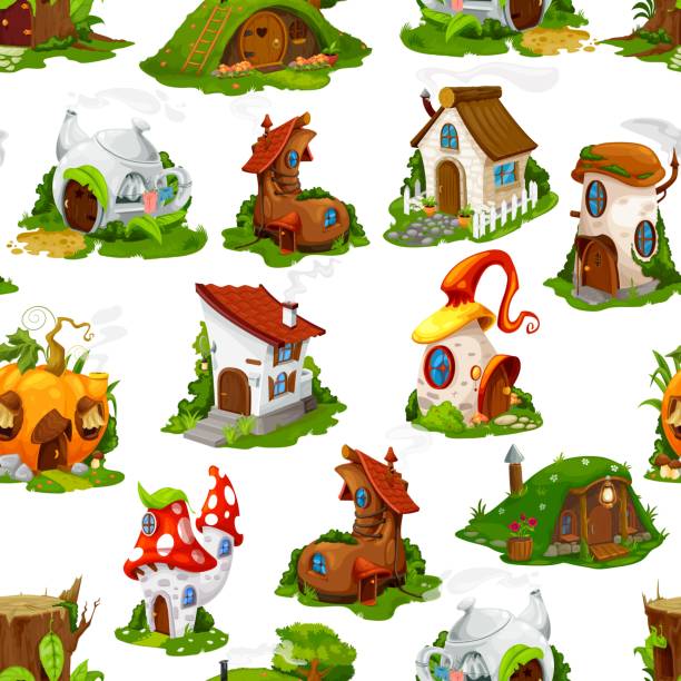 ilustraciones, imágenes clip art, dibujos animados e iconos de stock de dibujos animados de cuento de hadas casas patrón sin fisuras - castle fairy tale palace forest