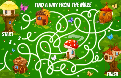 Labyrinth maze with wooden, acorn, snail, mushroom and nest cartoon houses. Kids vector board game with tangled path, start, finish and fairy homes on green field. Education children find a way riddle