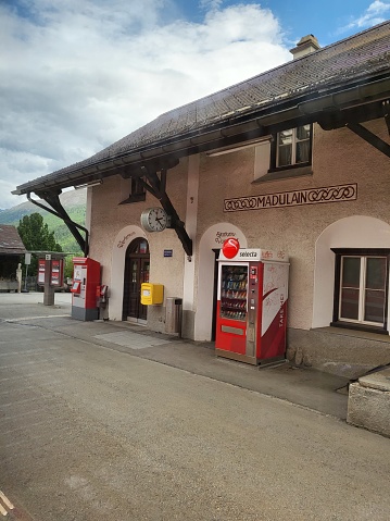 Canton Graubunden, Switzerland - 1 JUNE 2022 : Exterior of Madulain train station located in Maloja region.