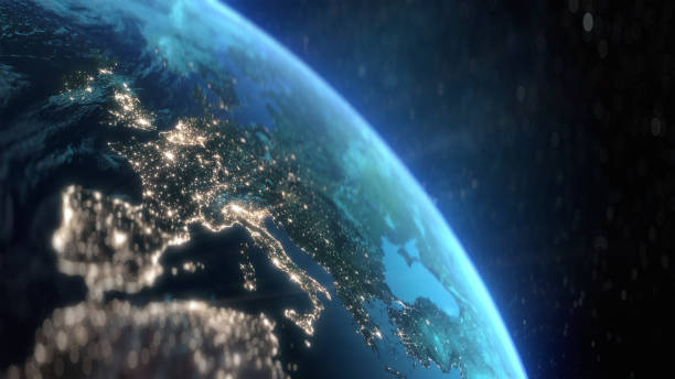 istock Planet Earth at night with city light illumination. View from space. 3D render 1403077229