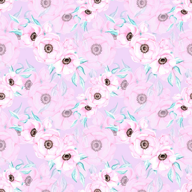 istock Handdrawn anemone seamless pattern. Watercolor pink flowers with green leaves on the white background. Scrapbook design, typography poster, label, banner, textile. 1403077449