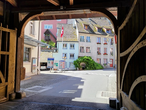 Canton Thurgau, Switzerland - 4 JUNE 2022 : Street view from Rheinbrucke towards  Diessenhofen town located on south shore of High Rhine and opposite of German town Gailingen am Hochrhein.