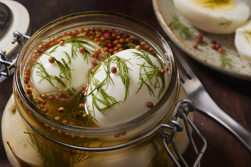 Classic Pickled Eggs with Fresh Dill, Garlic, Bay Leaves and Pickling Spice