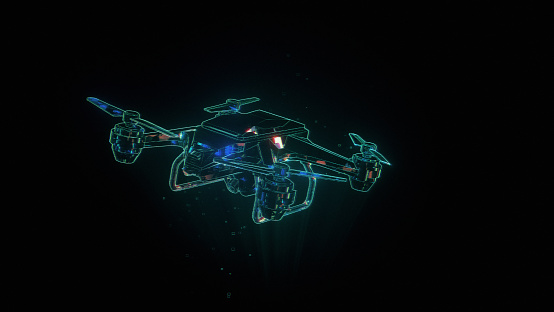 Quadcopter drone projection hologram on black background