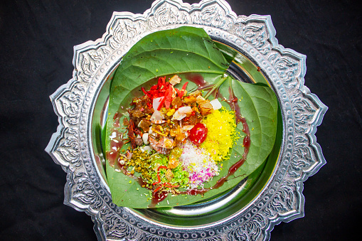 Bombay paan masla colorful decorated on betel leaf top view