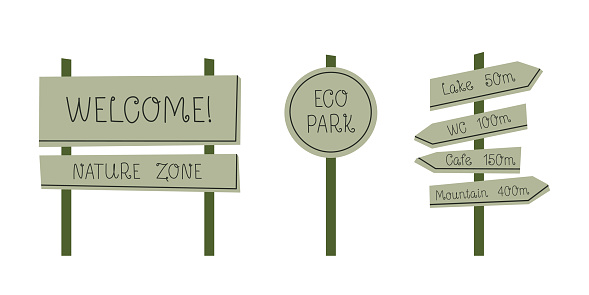Wayfinding signage. Set of green road signs for eco park - rectangular, round and with arrows. Vector flat illustration isolated on white background. Nature zone.
