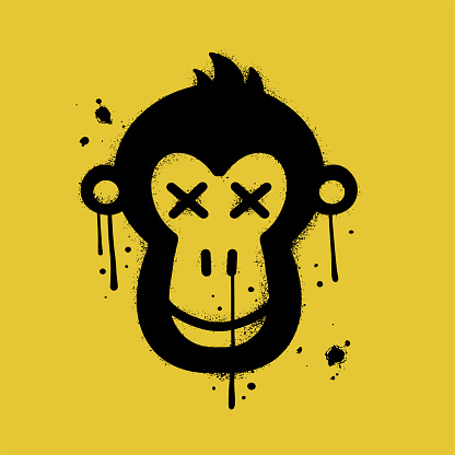 Ape with bored face in Urban street graffity style. Monkey NFT artwork. Crypto graphic asset. Vector textured illustration. Black icon is isolated on yellow background