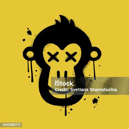 istock Ape with bored face in Urban street graffity style. Monkey NFT artwork. Crypto graphic asset. Vector textured illustration. Black icon is isolated on yellow background. 1403085717