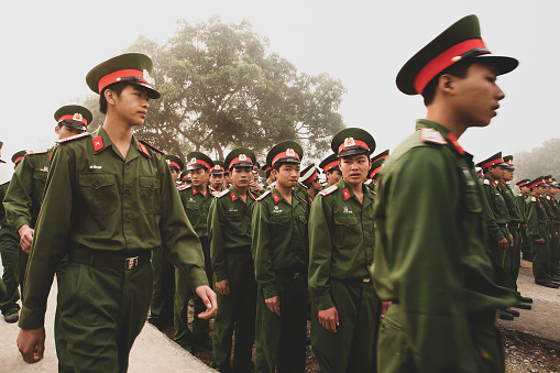 Dien Bien Phu, Vietnam - FEBRUARY 26, 2012: A group of young Vietnamese soldiers during a site visit program of Vietnamese Military Academies at the bunker of colonel De Castries. Dien Bien.