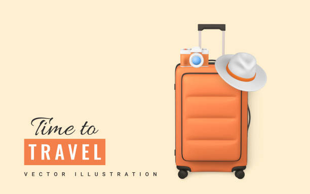 istock Time to travel. Travel trolley bag with camera and summer mens hat. Summer 3d realistic render vector objects. Vector illustration 1403087567