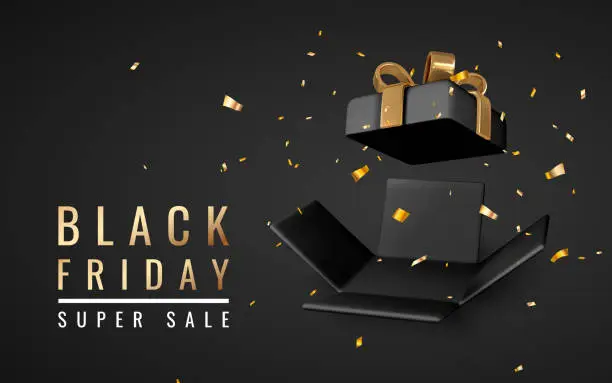 Vector illustration of Open black Gift Box and Confetti on dark background. Black friday promo banner design. Vector Illustration