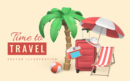 Time to travel promo banner design. Cartoon 3d travel trolley bag, tropical palm tree, sun umbrella, swim ball, beach chair, camera and hat. Summertime object. Vector illustration.
