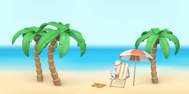 ilustrações de stock, clip art, desenhos animados e ícones de summertime background. summer 3d realistic render vector objects. palm trees,  striped beach chairs and slippers. vector illustration - slipper beach backgrounds sea