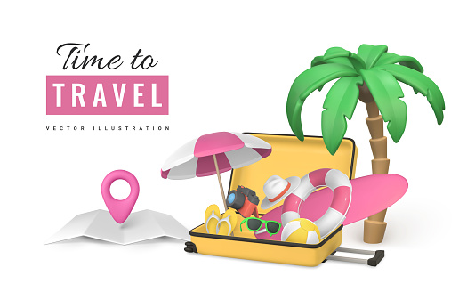 Time to travel promo banner design. Cartoon 3d open travel trolley bag, Tropical palm tree, sun umbrella, swim ring, beach chair, surf board, camera and slippers. Summertime object. Vector illustration.