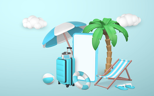 Time to travel promo banner design. Summer 3d realistic render vector objects. Tropical palm tree, mobile phone, travel trolley bag, sun umbrella, swim ring, beach chair, camera and slippers. Summer travel. Vector illustration.