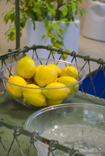 Glass bowls with lemons and ice on a moving table in the backyard garden.