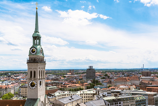 Aerial view of St Peter's Church gothic cathedral, Munich, Bavaria