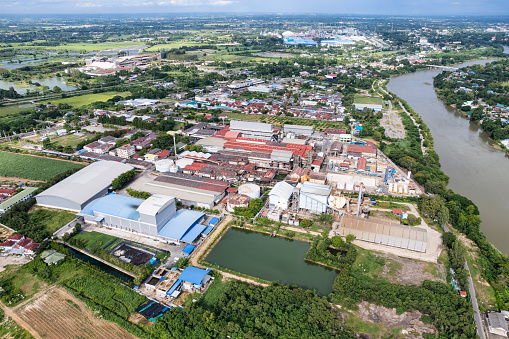 Aerial view of Large biomass fermentation processing industry, Old biochemical refinery refinery plant