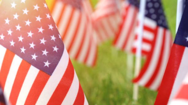 istock American flags on grass. Independence Day concept. USA holiday. 1403091620