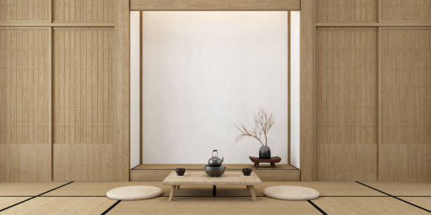 istock Traditional japanese tea room interior with tatami mats.3d rendering 1403092989