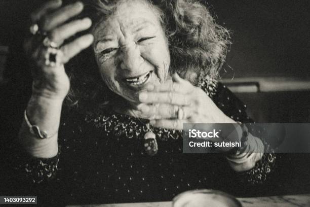 The Hearty Laugh Of The Elegant Old Lady Stock Photo - Download Image Now - Reportage, Close-up, Portrait