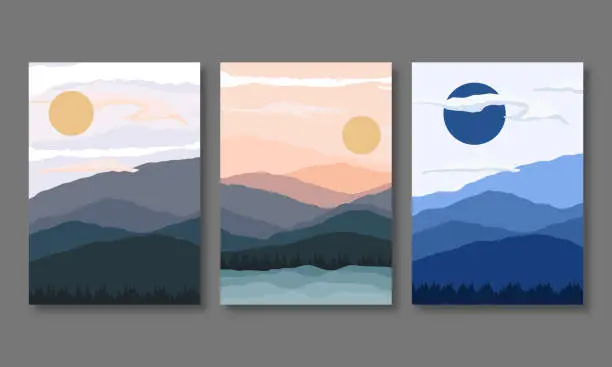 Vector illustration of Abstract contemporary aesthetic landscape backgrounds with mountains, sun, moon, cloud sky and sea water design vector