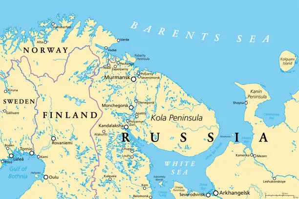 Vector illustration of Murmansk Oblast and Kola Peninsula map, Federal subject of Russia