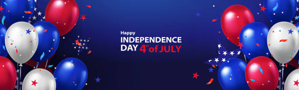 Fourth of July. 4th of July holiday banner, horizontal poster, card or flyer. USA Independence Day design template with 3d helium balloons and star confetti for sale, advertisement, social media, web. Fourth of July. 4th of July holiday banner, horizontal poster, card or flyer. USA Independence Day design template with 3d helium balloons and star confetti for sale, advertisement, social media, web. independence day holiday stock illustrations