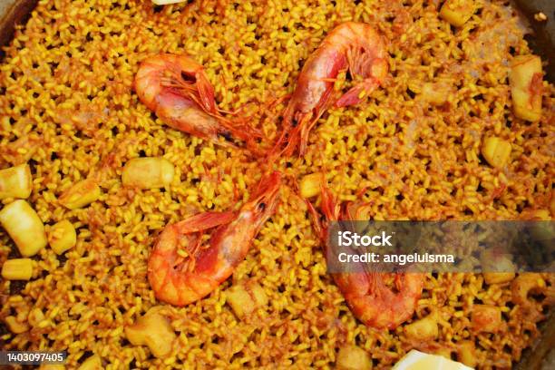 Seafood Paella Served In A Restaurant In El Palmar In Valencia Spain Stock Photo - Download Image Now