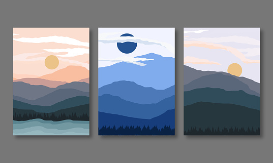 Abstract contemporary aesthetic landscape backgrounds with mountains, sun, moon, cloud sky and sea water design vector