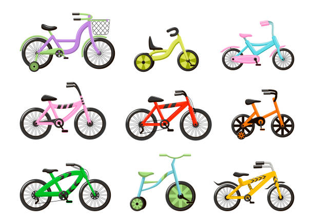 illustrazioni stock, clip art, cartoni animati e icone di tendenza di set di cartoni animati di biciclette e tricicli per bambini - wheel cycling nobody outdoors