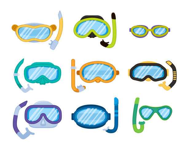 illustrations, cliparts, dessins animés et icônes de collection de masques de dessins animés pour la natation - swimming goggles