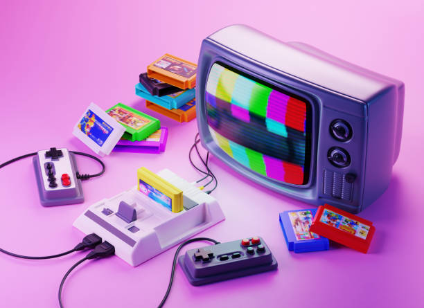 istock Old-fashioned TV set with gamepads. 1403098901