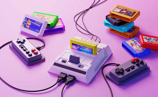 3d illustration. Old-fashioned gamepads, game console and floppy disks(cartridges) in pink blue gradient neon light. Retro media, 90s entertainment. 3d rendering.
