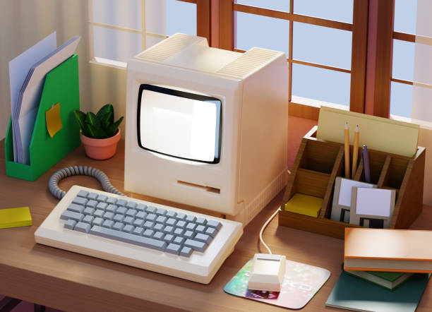 istock An old-fashioned, monitor, pc, computer with a keyboard, mouse. 1403098937