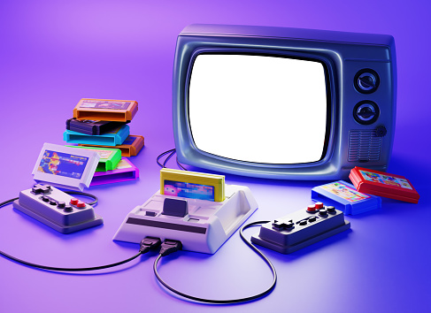 3d illustration. Old-fashioned TV set with gamepads, game console and floppy disks(cartridges) in pink blue gradient neon light. Retro media, 90s entertainment. 3d rendering. With a white background on the screen, for your image.