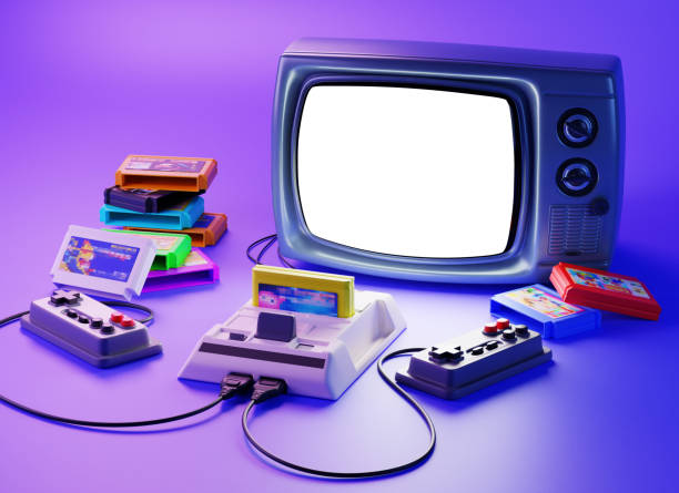 Old-fashioned TV set with game console. 3d illustration. Old-fashioned TV set with gamepads, game console and floppy disks(cartridges) in pink blue gradient neon light. Retro media, 90s entertainment. 3d rendering. With a white background on the screen, for your image. old style stock pictures, royalty-free photos & images