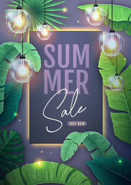 Vector illustration of Summer big sale poster with tropic leaves and string of lights. Summer tropic leaves background. Vector illustration