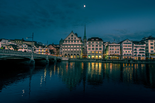 Night Time Over Limmat River And Center Of Zurich, Switzerland