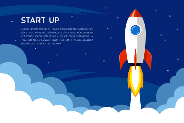 start-up-banner mit raketenstart - rakete stock-grafiken, -clipart, -cartoons und -symbole