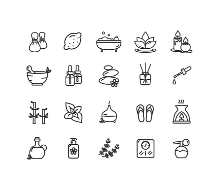 Aromatherapy Signs Thin Line Black Icons Set Include of Candle and Herb. Vector illustration of Icon