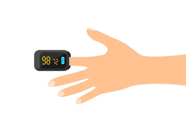 Vector illustration of Black pulse oximeter on finger. Measurement of blood oxygen saturation and heart rate. Flat vector illustration