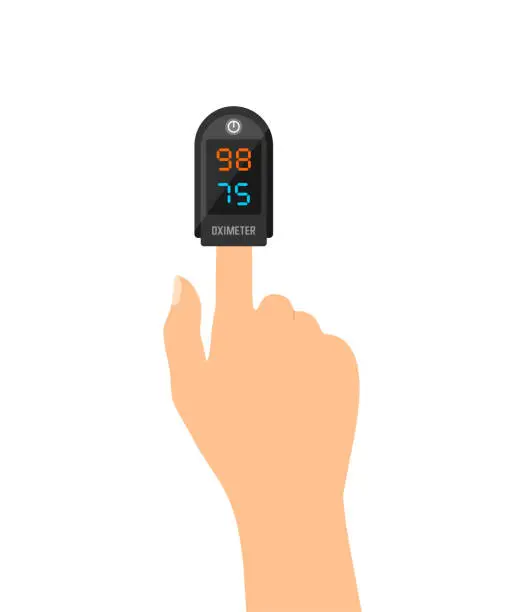 Vector illustration of Black pulse oximeter on finger. Measurement of blood oxygen saturation and heart rate. Flat vector illustration