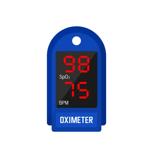 Vector illustration of Blue pulse oximeter isolated on a white background. Medical device for measuring the percentage of oxygen in the blood. Flat vector illustration