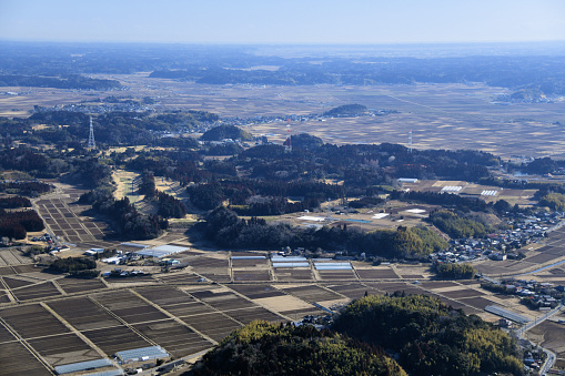Shibayama, Chiba Prefecture, Japan: town, agricultural fields, green houses, forest and golf course -  Shimosa Plateau - aerial view